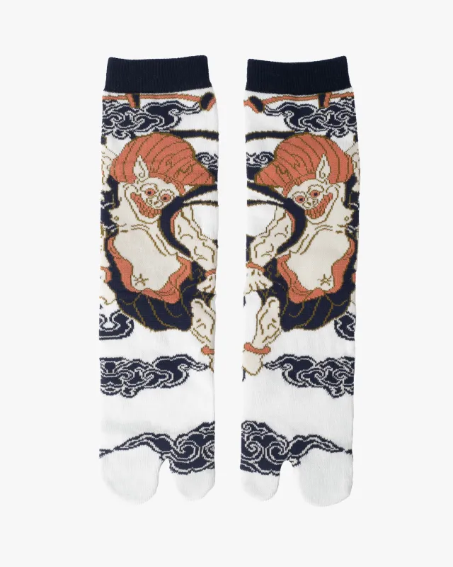 Kurochiku, Tabi Socks, Crew, White, Navy and Coral Pink, Raijin - M/L sold by Kiriko