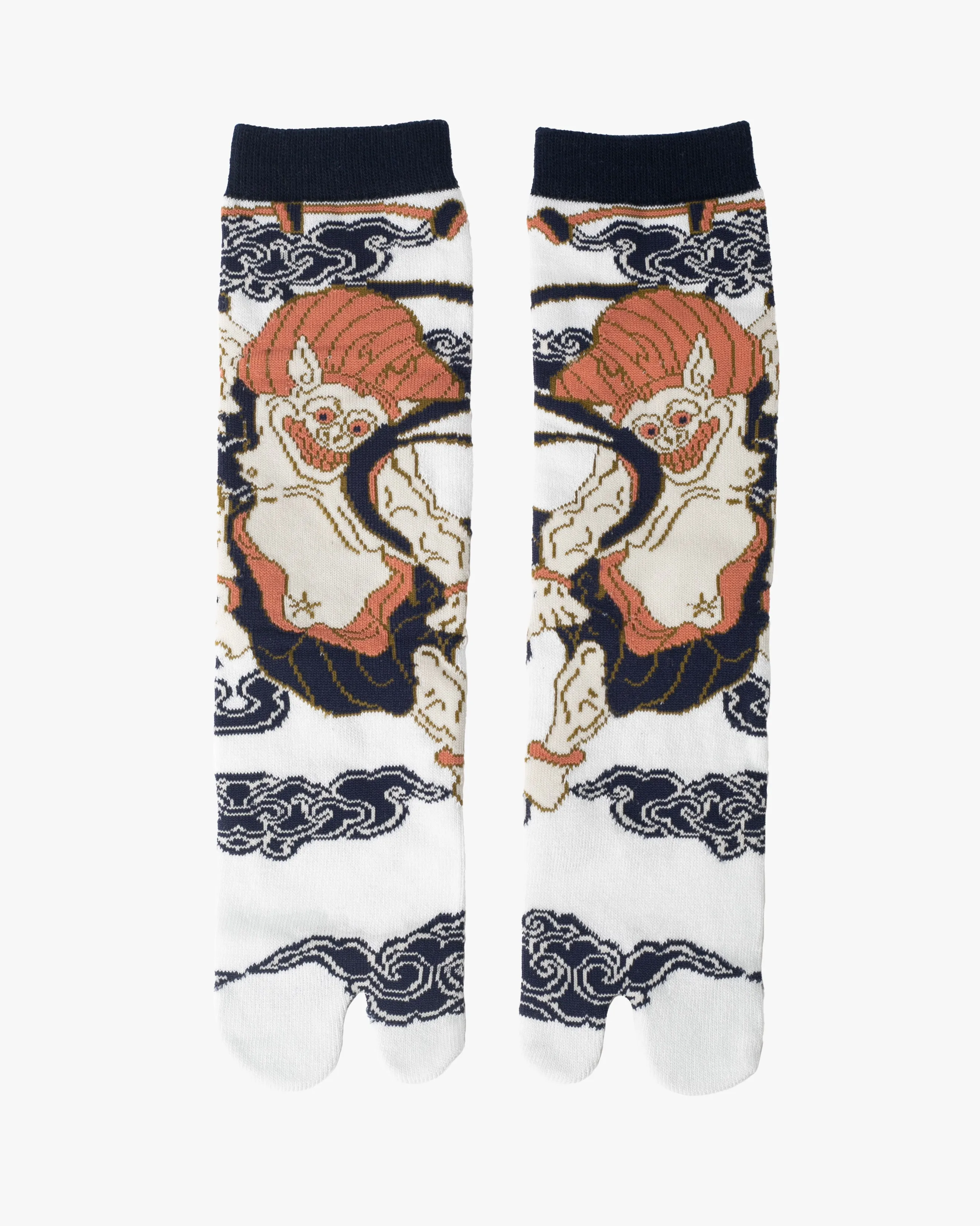 Kurochiku, Tabi Socks, Crew, White, Navy and Coral Pink, Raijin - M/L sold by Kiriko
