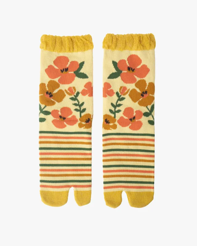 Kurochiku, Tabi Socks, Crew, Yellow, Orange Flowers and Stripes - S/M sold by Kiriko