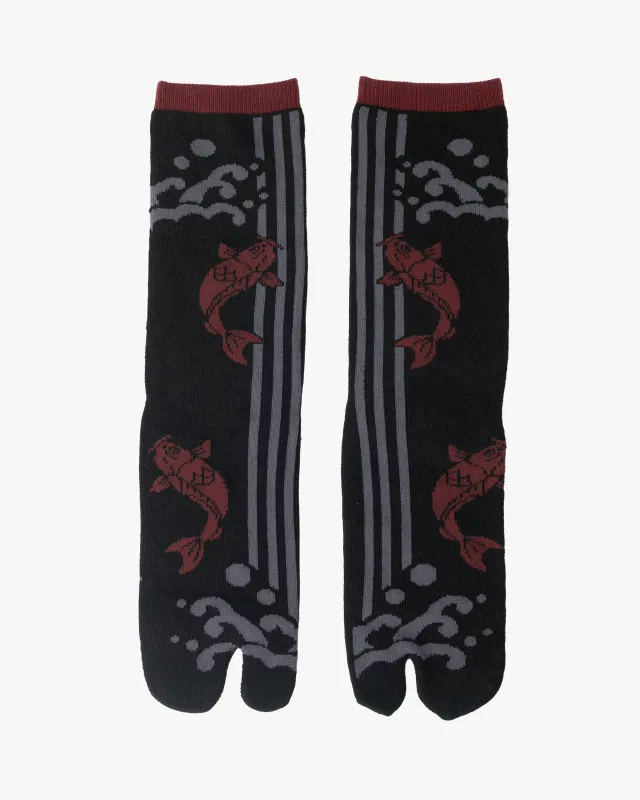 Kurochiku, Tabi Socks, Crew, Black, Gray and Red Koi - M/L sold by Kiriko