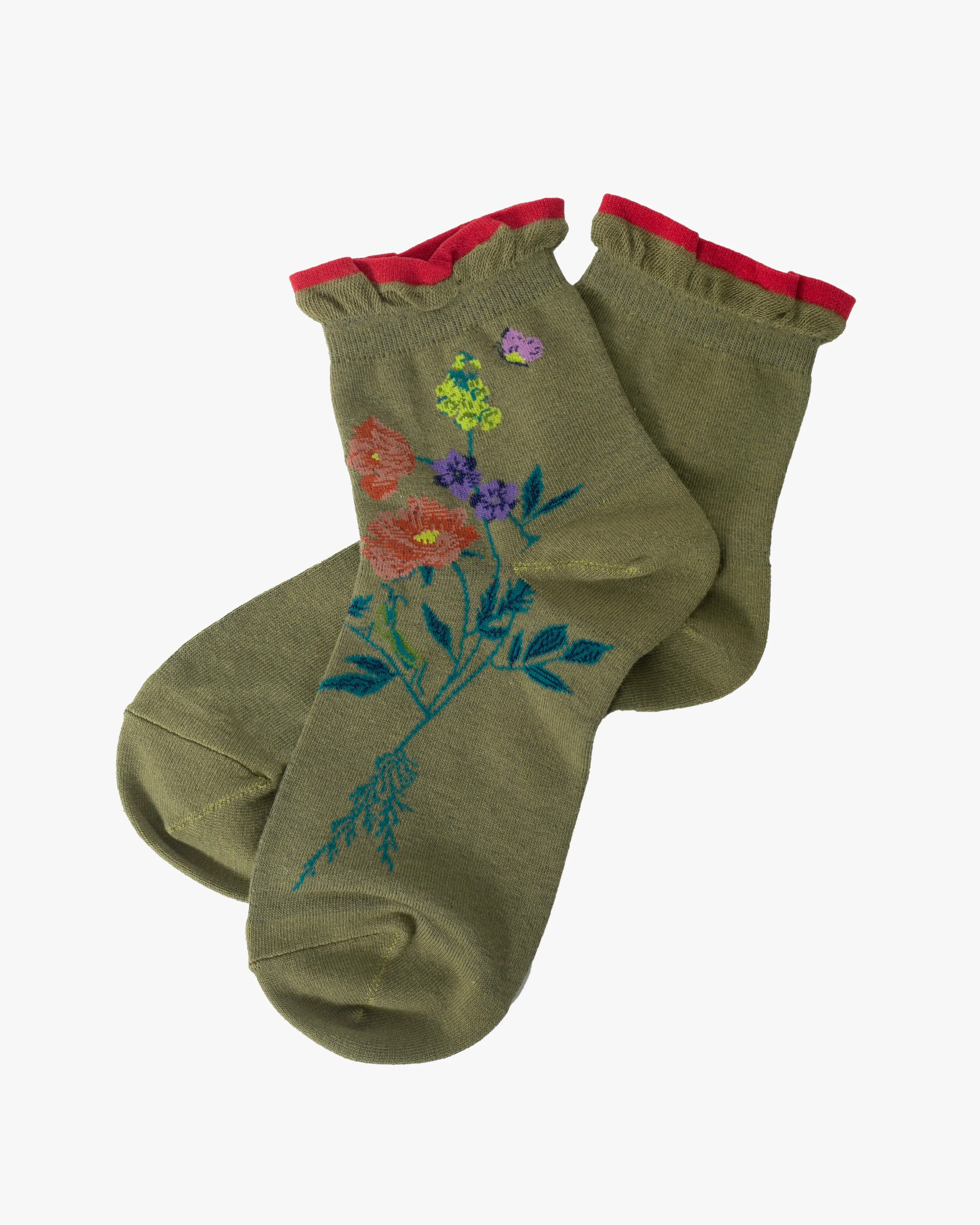 Debby Co. Crew Socks, Andeotte Collection, Olive with Red Floral sold by Kiriko