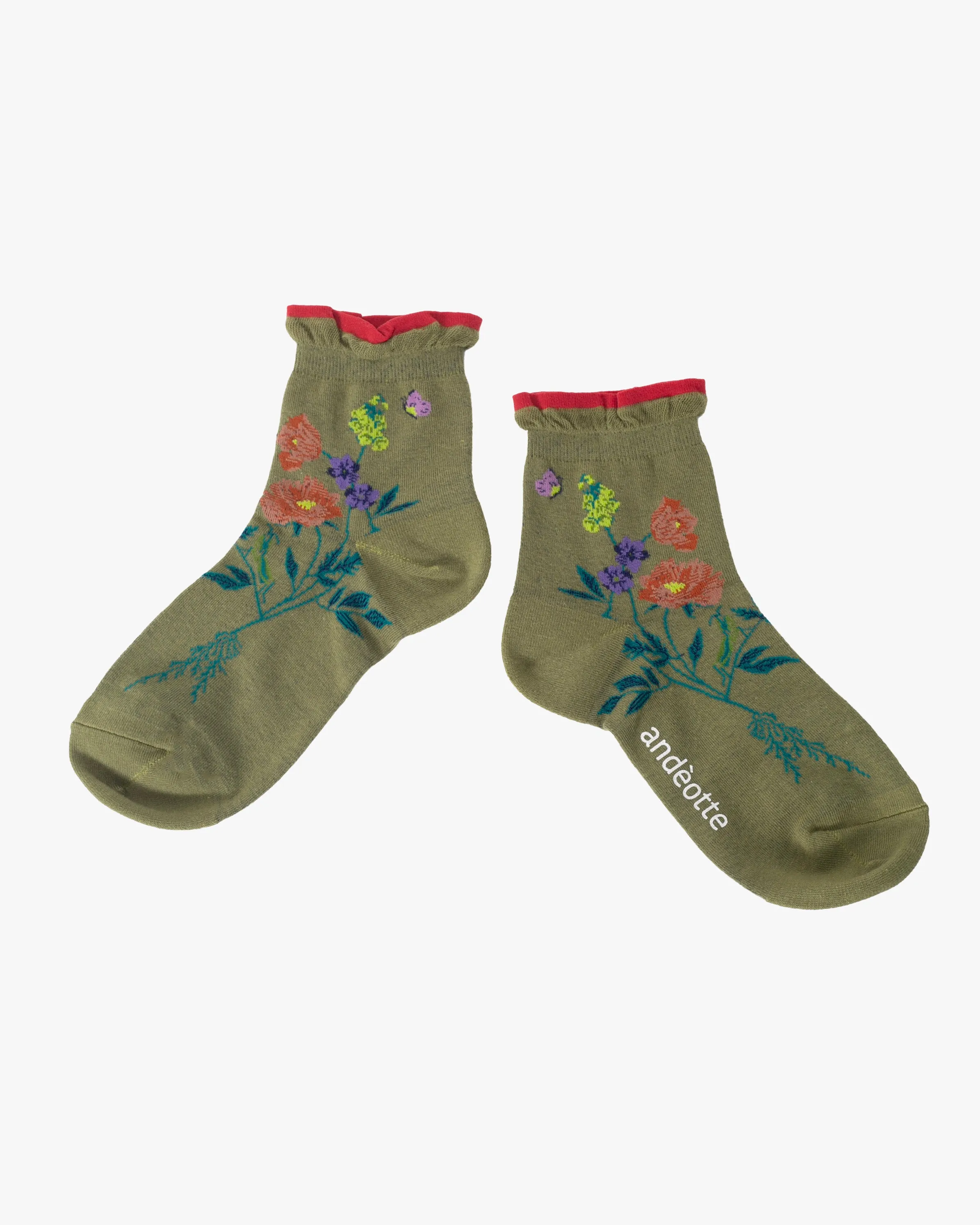 Debby Co. Crew Socks, Andeotte Collection, Olive with Red Floral sold by Kiriko product image thumbnail 2