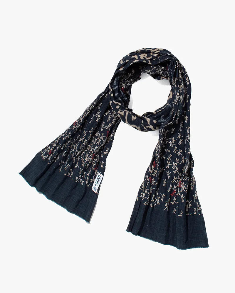 Kiriko Original Scarf, Kiji, Indigo Tonbo with Red and Karakusa sold by Kiriko