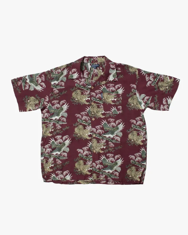 Japanese Repro Shirt, Short Sleeve Aloha Shirt, Crazy Boy, Maroon with Tiger and Hawk - XL sold by Kiriko