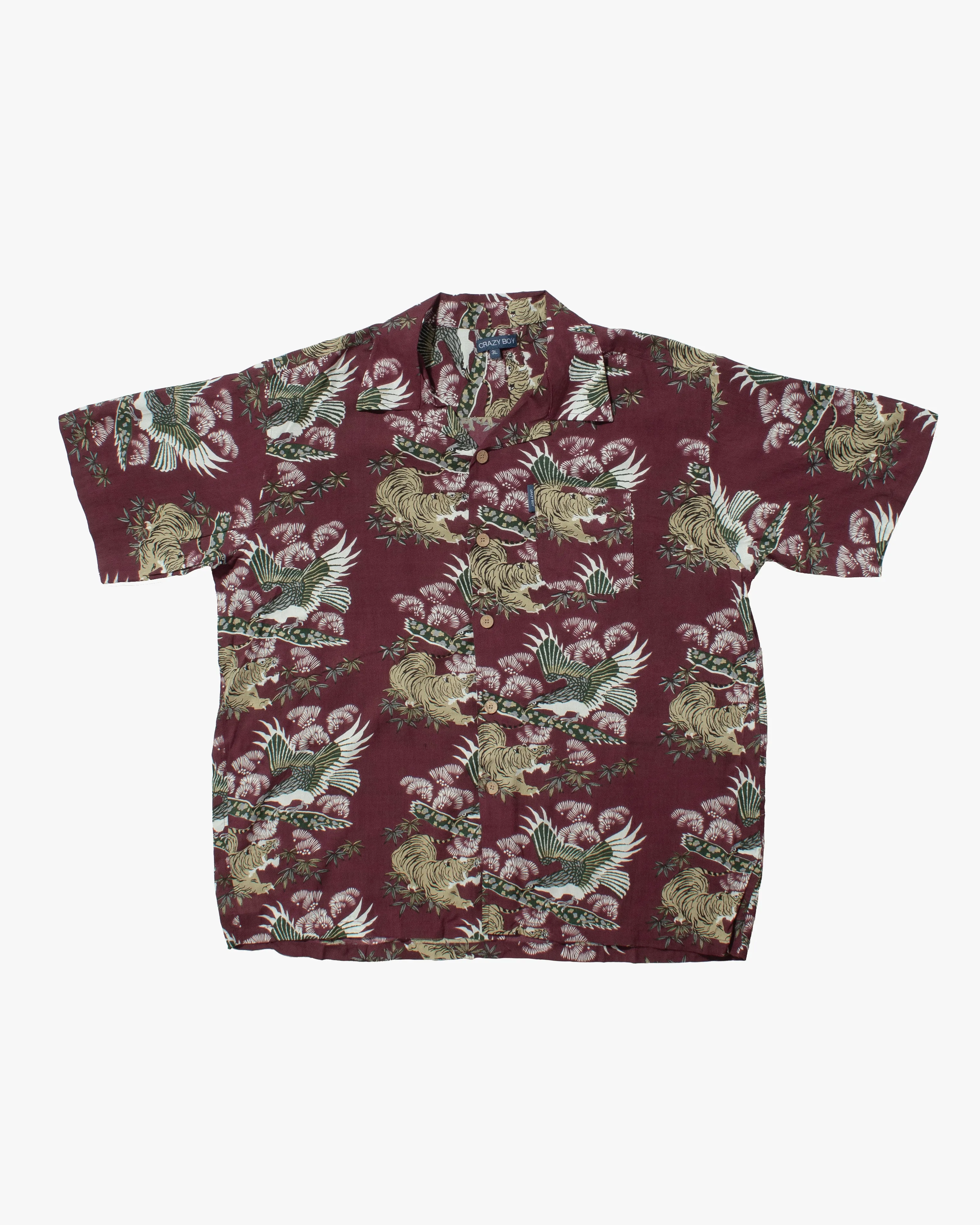 Japanese Repro Shirt, Short Sleeve Aloha Shirt, Crazy Boy, Maroon with Tiger and Hawk - XL sold by Kiriko