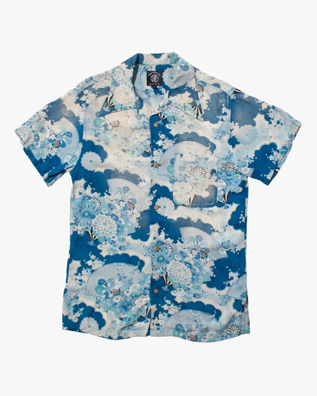Japanese Repro Shirt, Short Sleeve Aloha Shirt, Naminori Tatsujin, Shades of Blue Floral - L sold by Kiriko