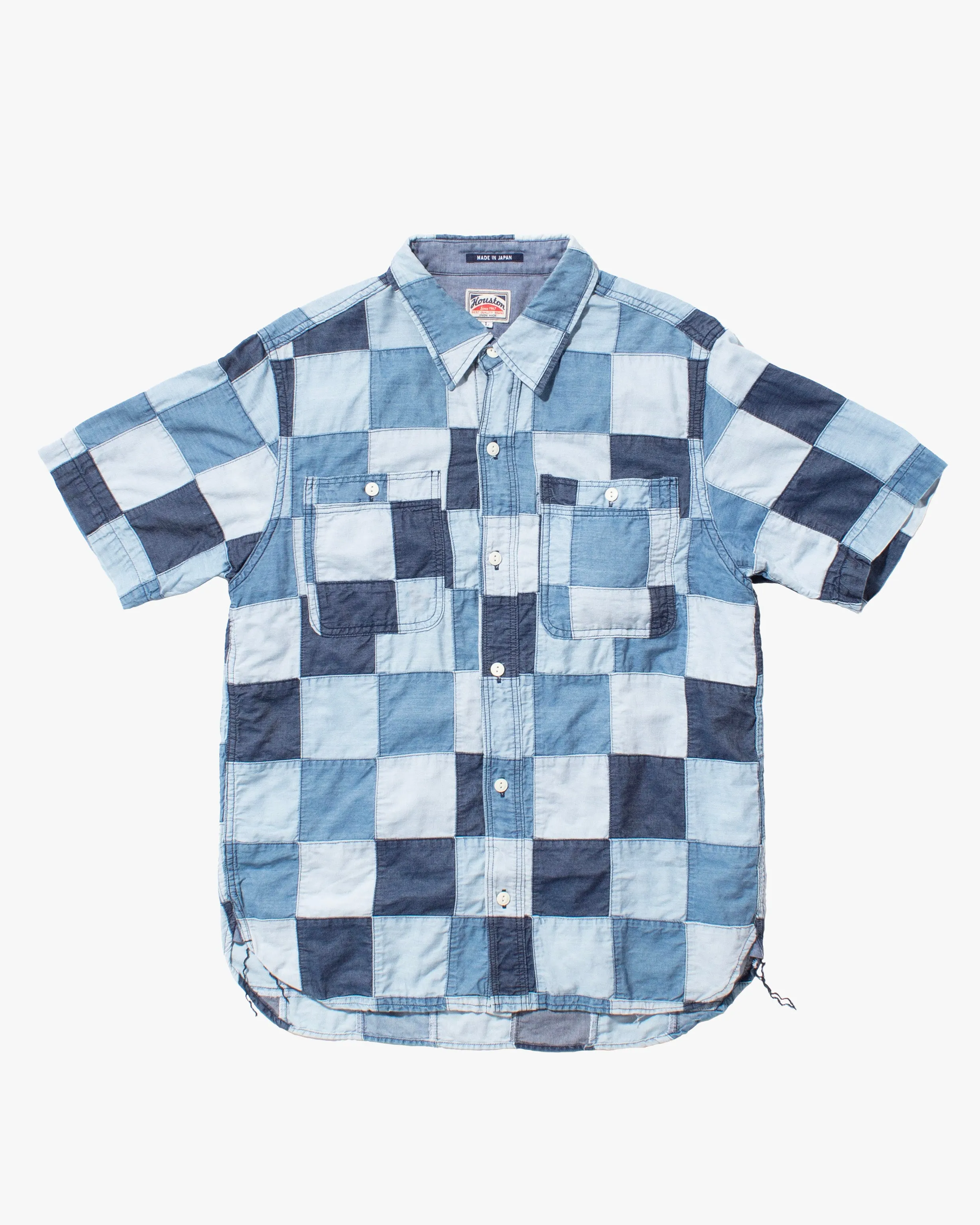 Japanese Repro Button Up Shirt, Short Sleeve, Houston, Denim Patchwork - L sold by Kiriko