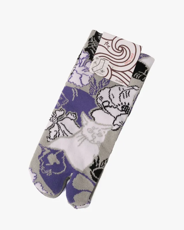 Wa Modern, Tabi Socks, Crew, Cat and Flowers, Purple (S/M) sold by Kiriko