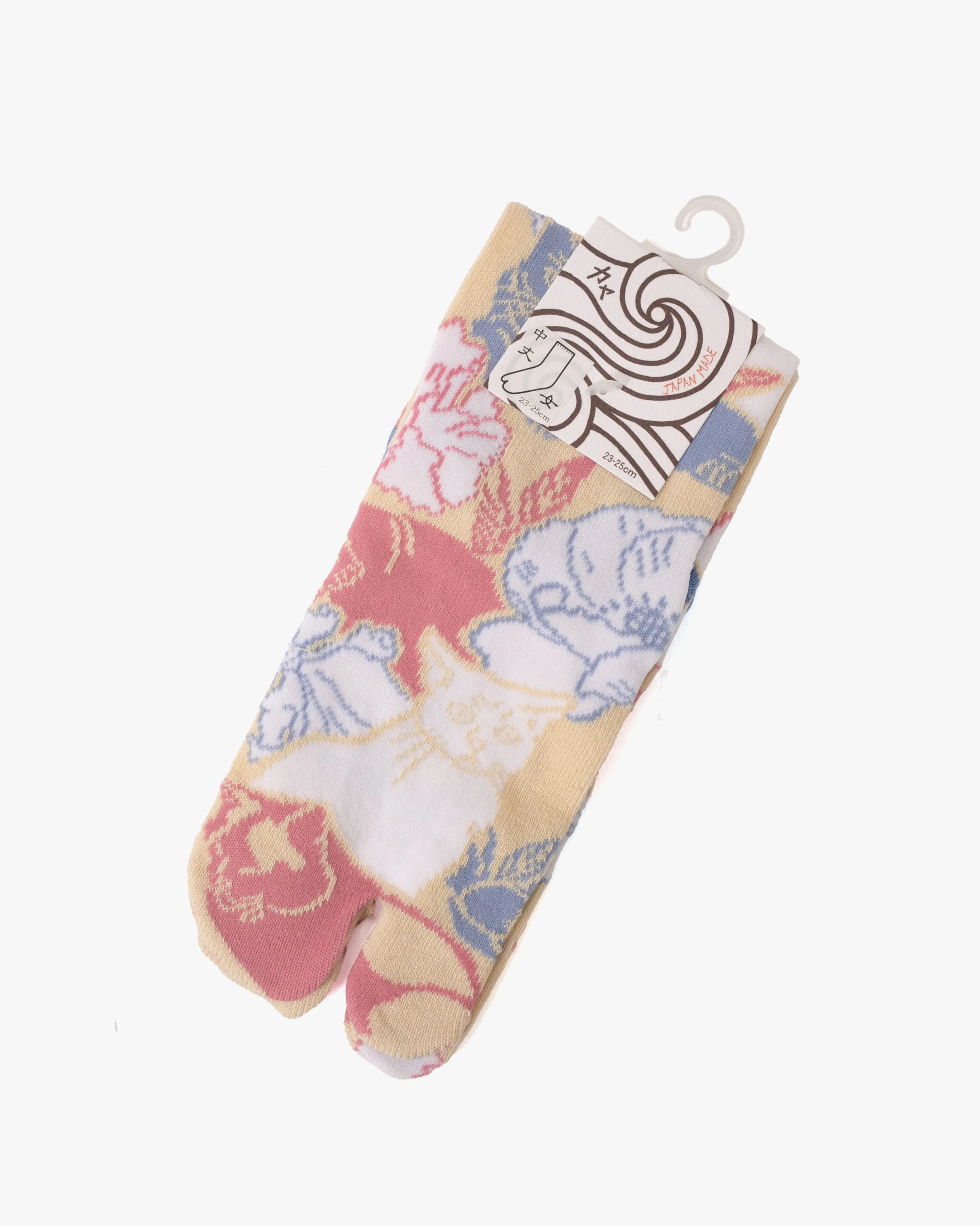 Wa Modern, Tabi Socks, Crew, Cat and Flowers, Yellow (S/M) sold by Kiriko