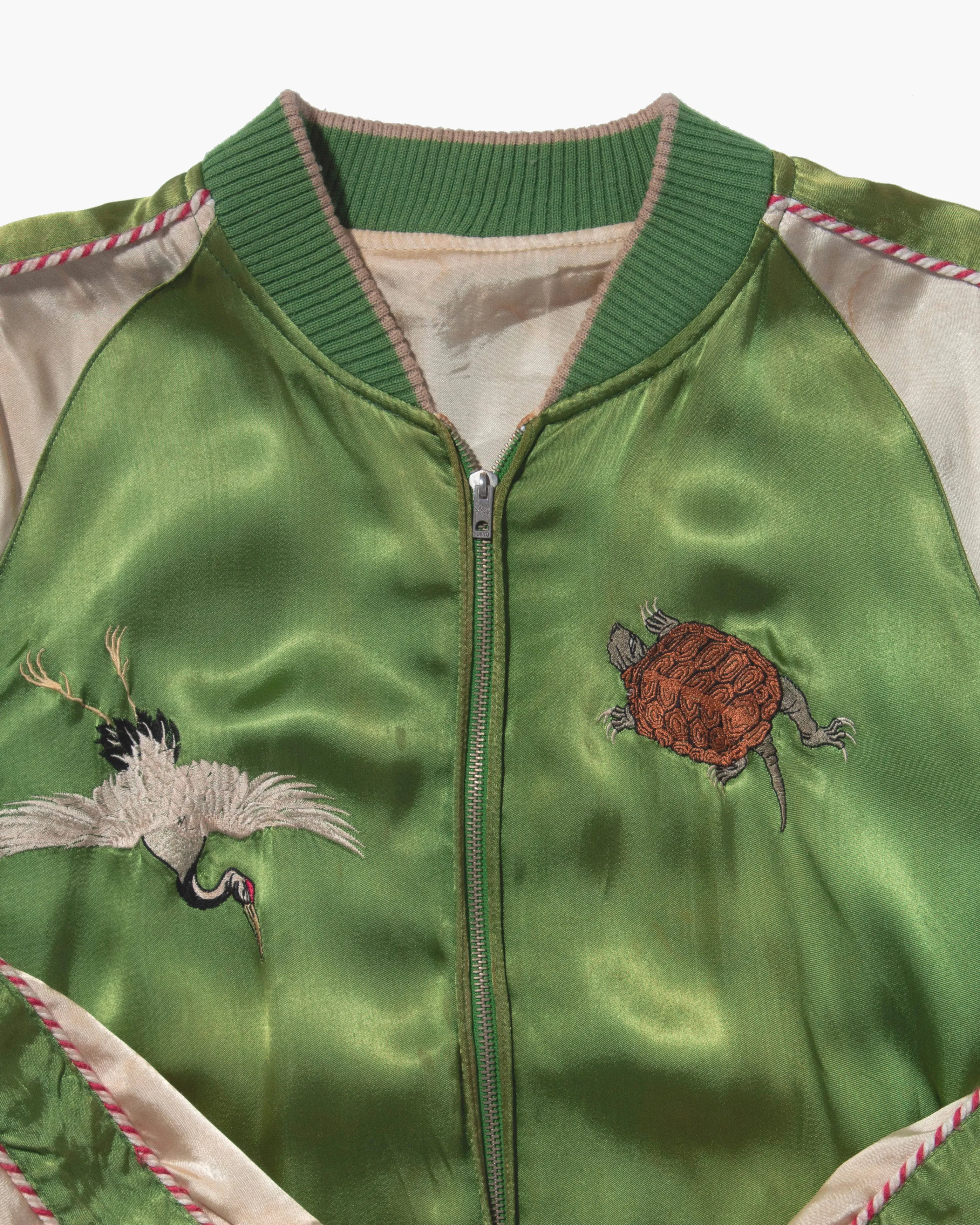 Japanese Repro Souvenir Jacket, Reversible, Green with Crane and Turtle sold by Kiriko product image thumbnail 2