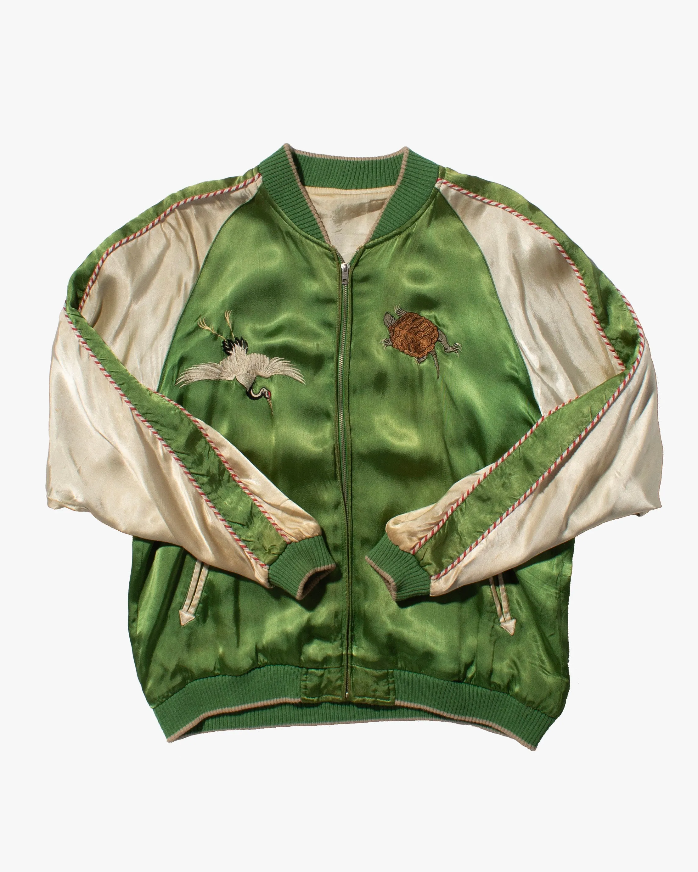 Japanese Repro Souvenir Jacket, Reversible, Green with Crane and Turtle sold by Kiriko