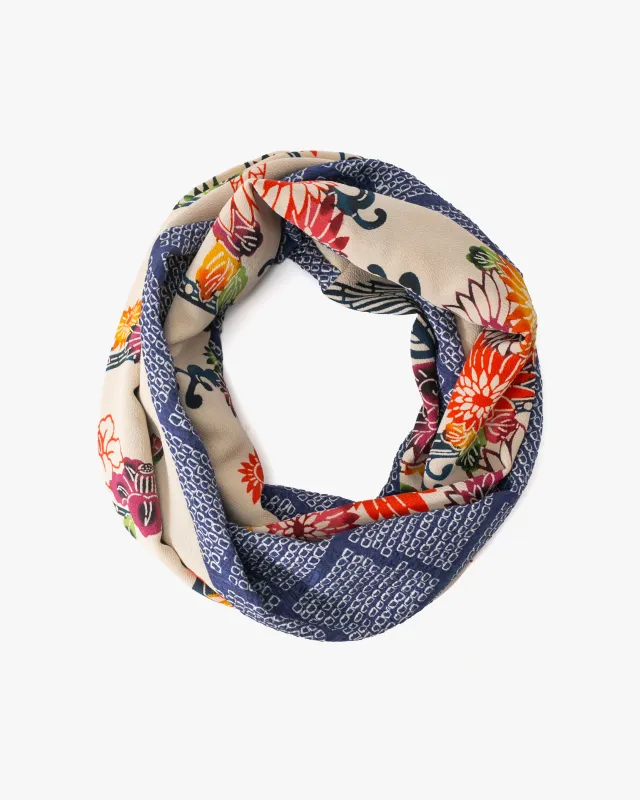 Kiriko Original Scarf, Infinity, Kimono, Cream Autumn Floral and Blue Shibori Diamonds sold by Kiriko