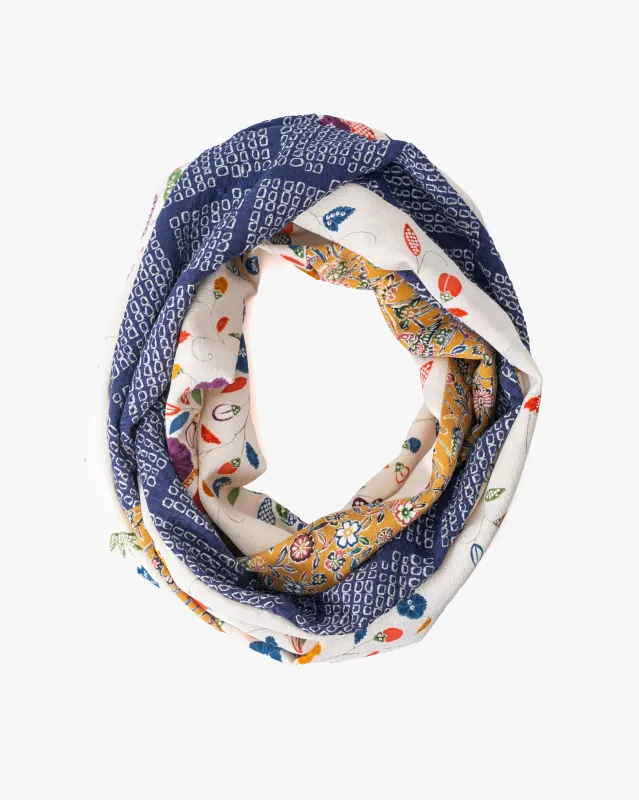 Kiriko Original Scarf, Infinity, Kimono, White Abstract Floral with Yellow Accents and Blue Shibori Diamonds sold by Kiriko