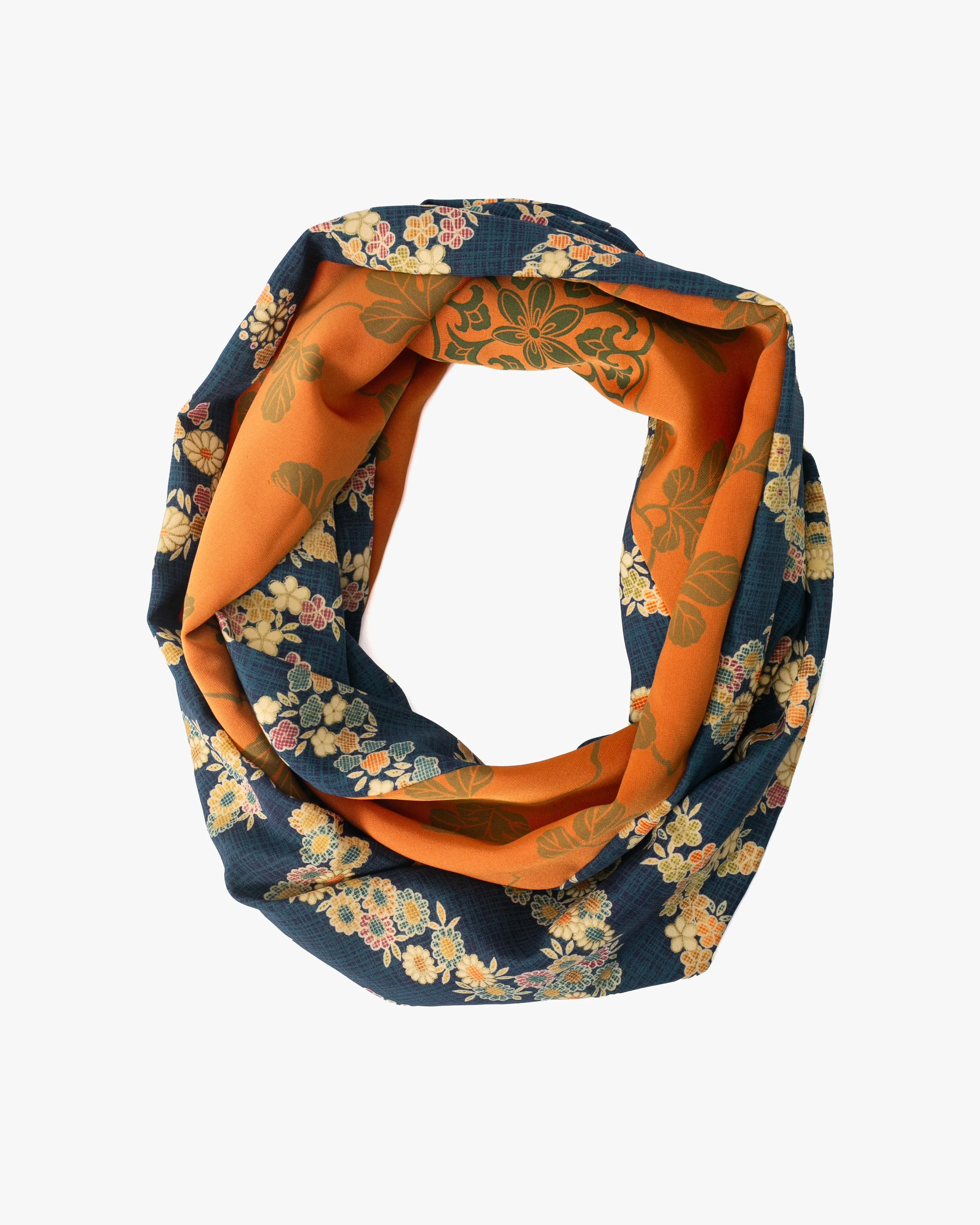 Kiriko Original Scarf, Infinity, Kimono, Navy Plaid Floral and Orange with Greenery sold by Kiriko