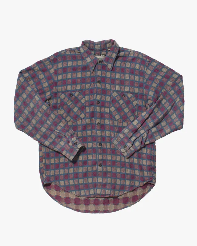 Japanese Repro Knit Longsleeve Shirt, Sugar Cane, Blue with Purple and Cream Boxes sold by Kiriko