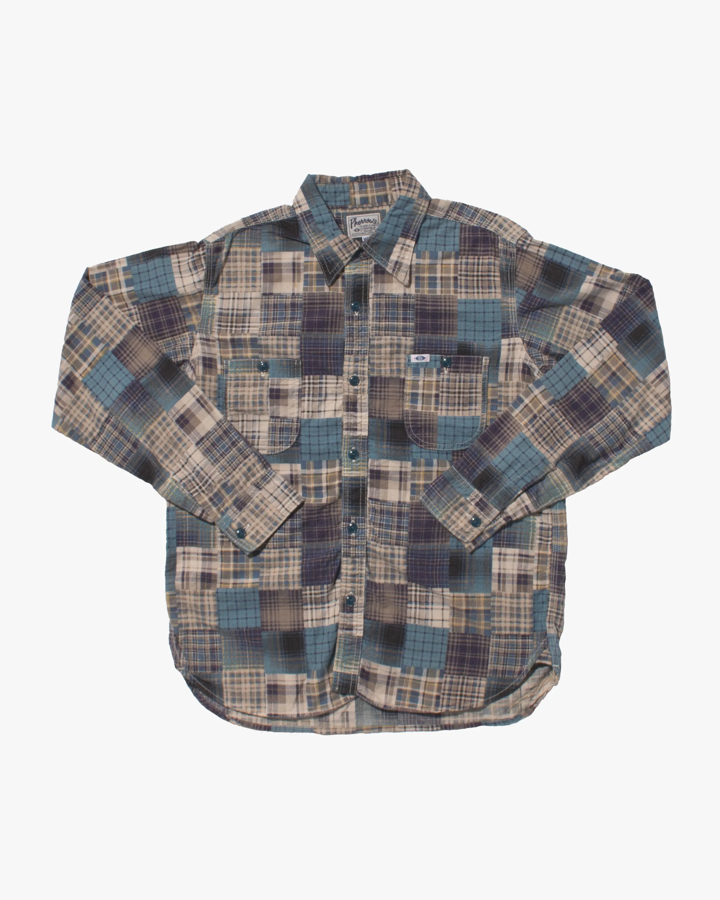 Japanese Repro Flannel Shirt, Pherrow's, Blue Patchwork Plaid - M sold by Kiriko