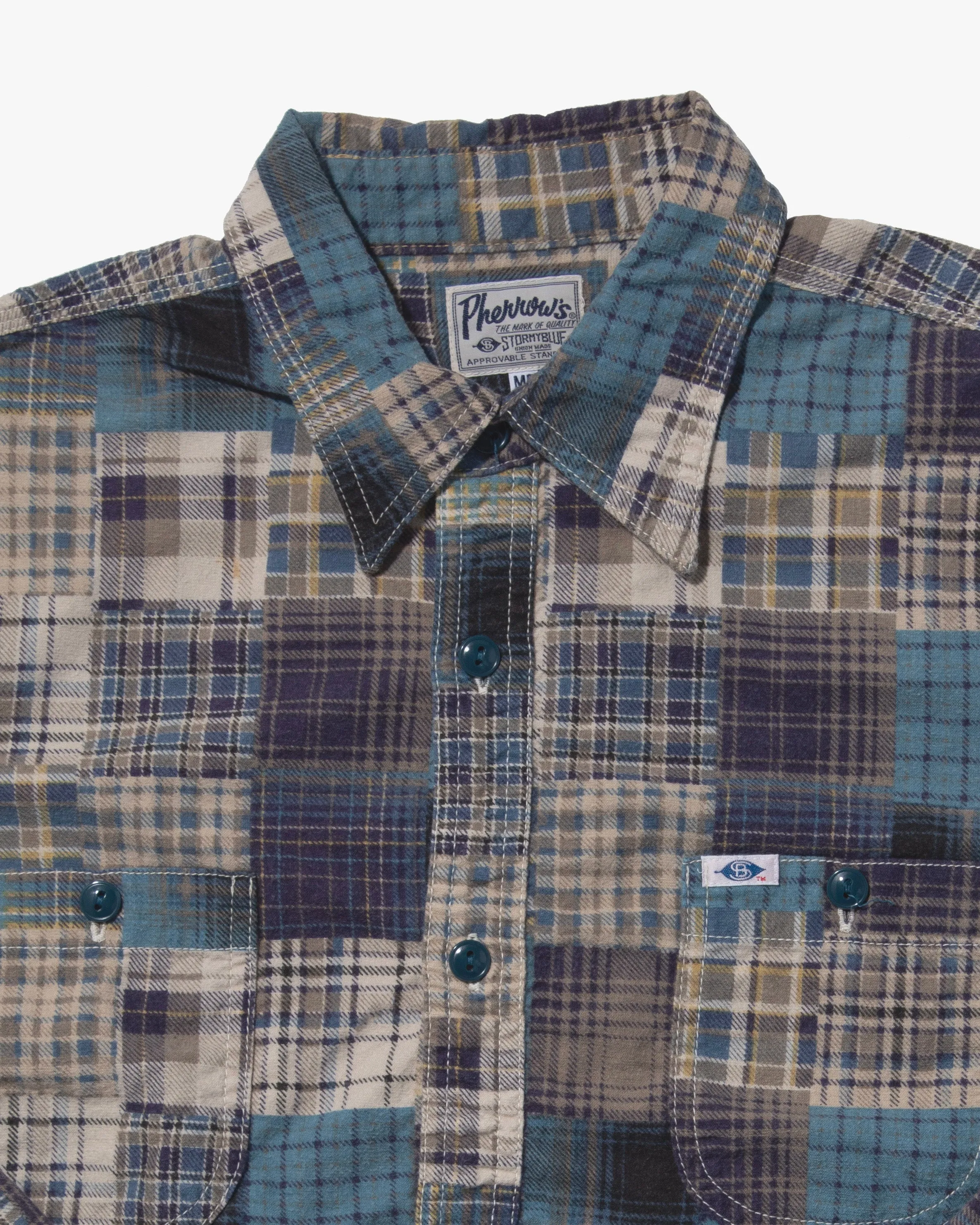 Japanese Repro Flannel Shirt, Pherrow's, Blue Patchwork Plaid - M sold by Kiriko product image thumbnail 2