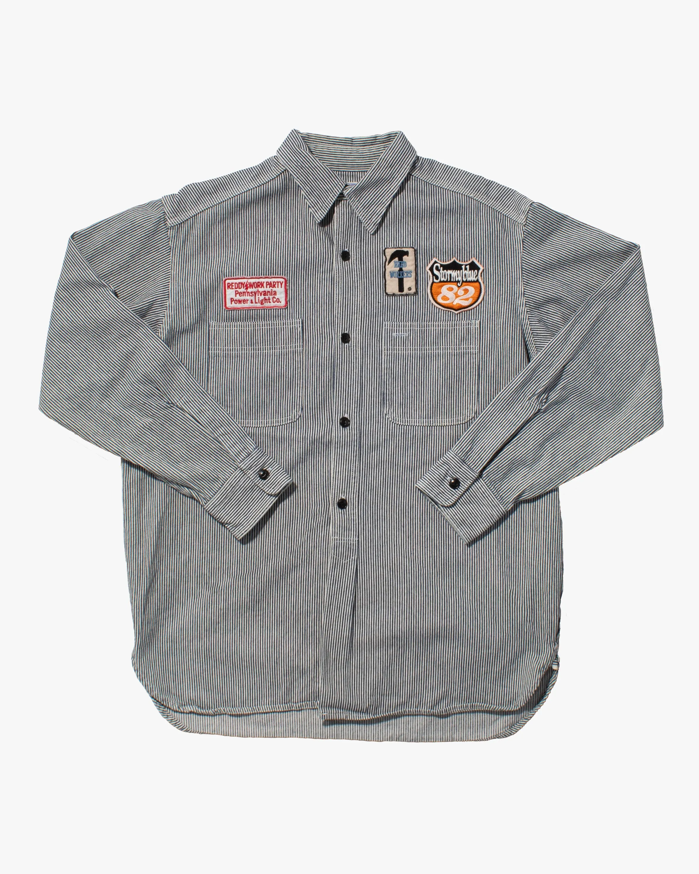 Japanese Repro Longsleeve Shirt, Pherrow's, Navy Stripe with Patches - M sold by Kiriko