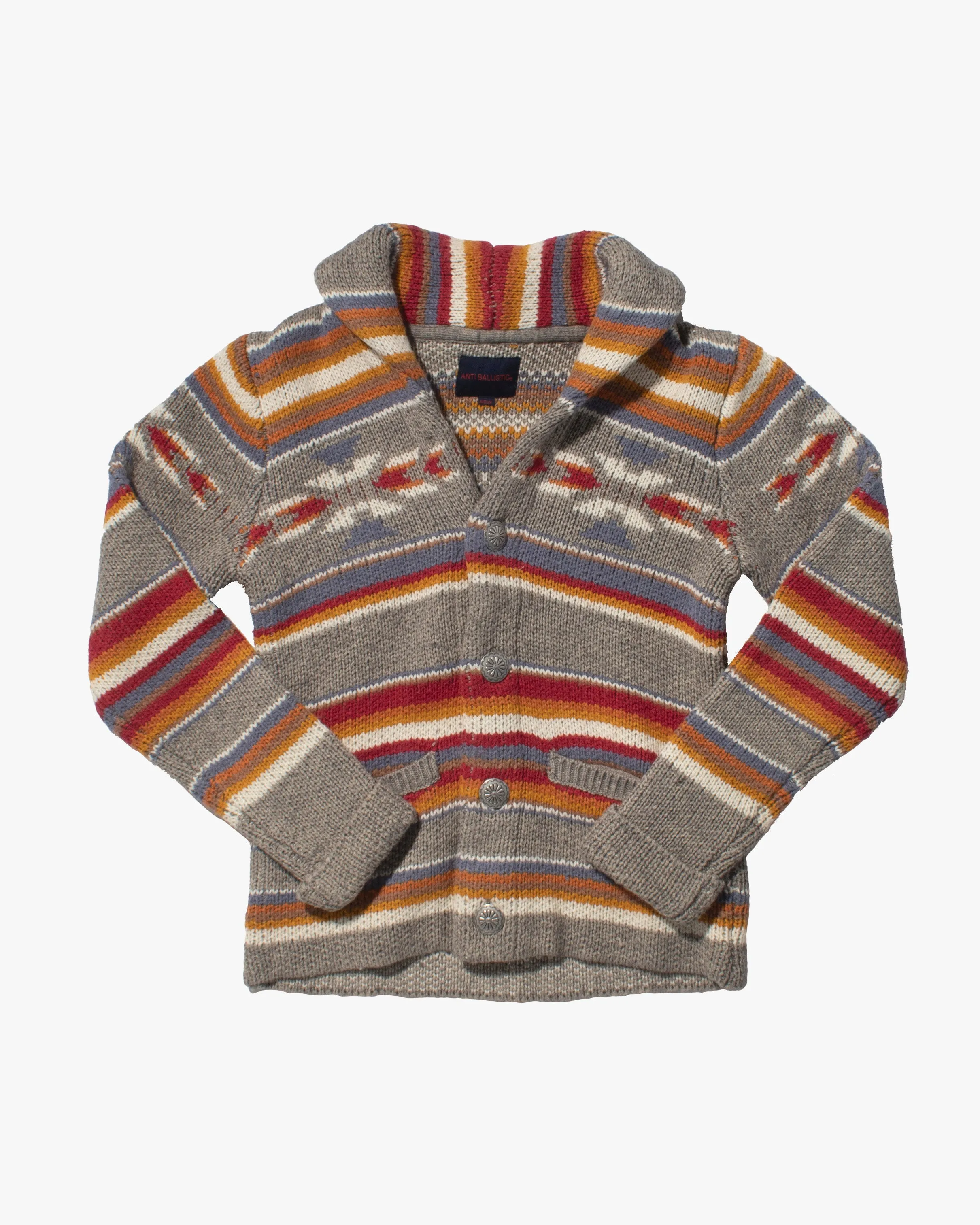 Japanese Repro Knit Cardigan, Anti Ballistic, Grey with Multicolor Stripe sold by Kiriko