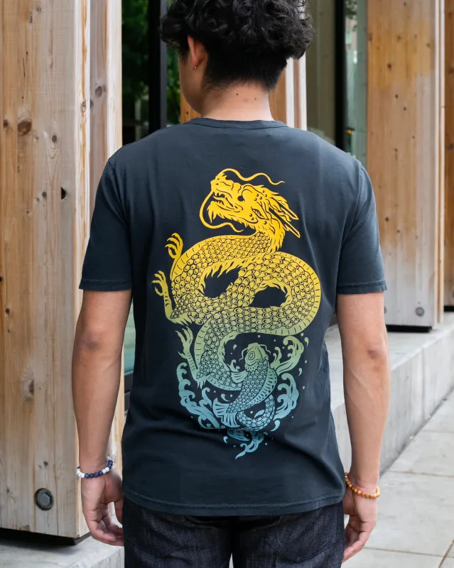 Kiriko Original Tee, 6 oz Cotton, Dark Teal with Yellow Gradient Koi-Dragon sold by Kiriko