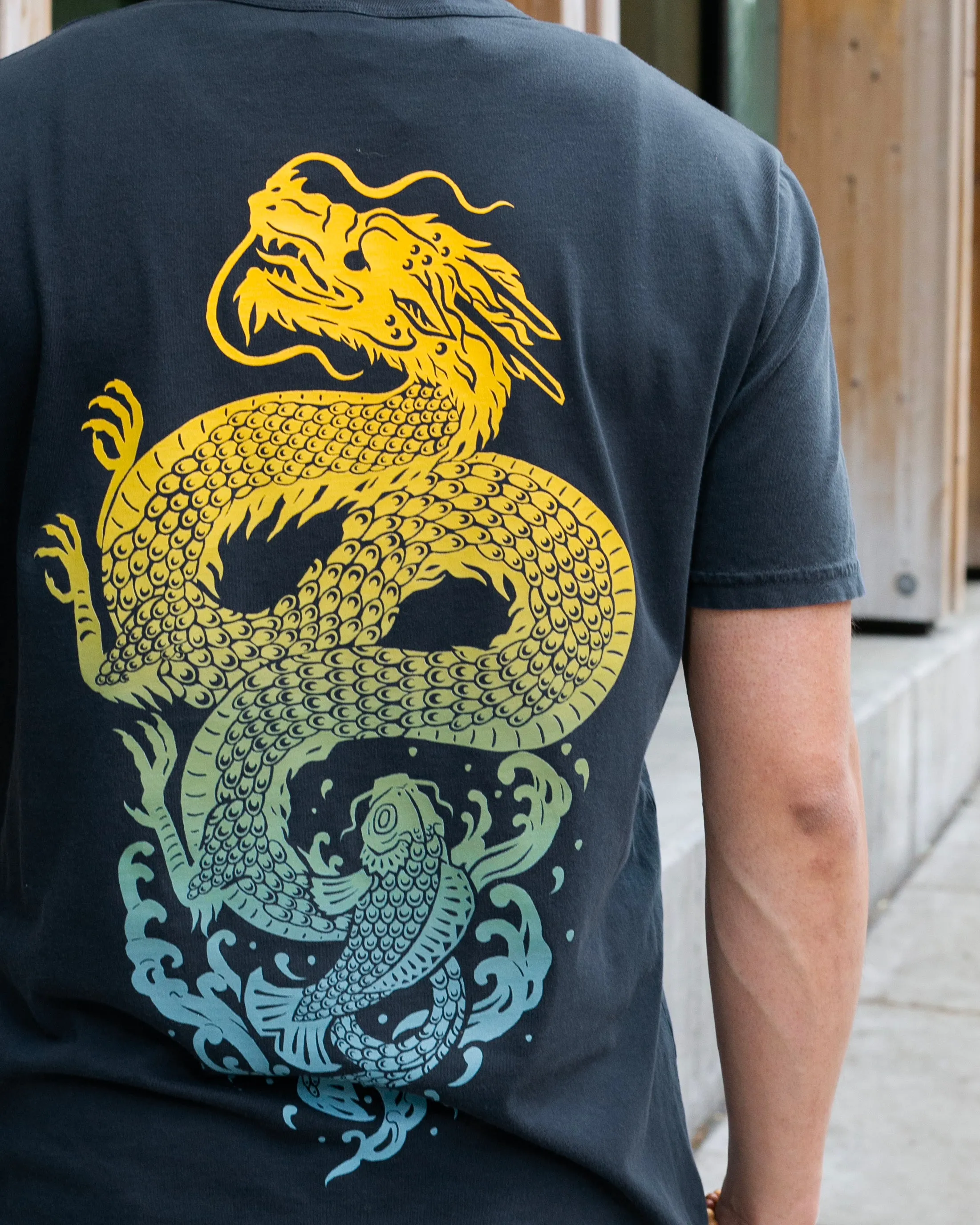 Kiriko Original Tee, 6 oz Cotton, Dark Teal with Yellow Gradient Koi-Dragon sold by Kiriko product image thumbnail 5