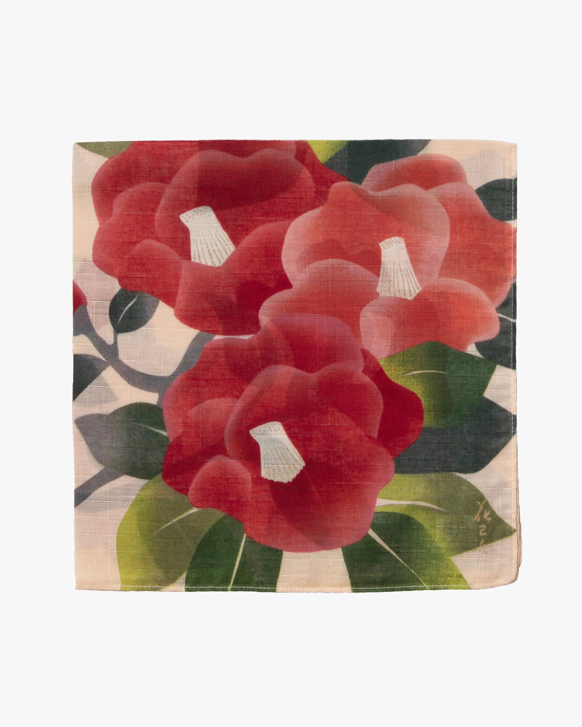 Kurochiku, Printed Cotton Handkerchief, Light Pink with Red Tsubaki sold by Kiriko product image thumbnail 2