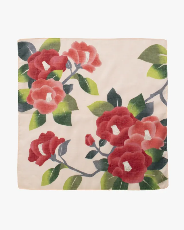 Kurochiku, Printed Cotton Handkerchief, Light Pink with Red Tsubaki sold by Kiriko