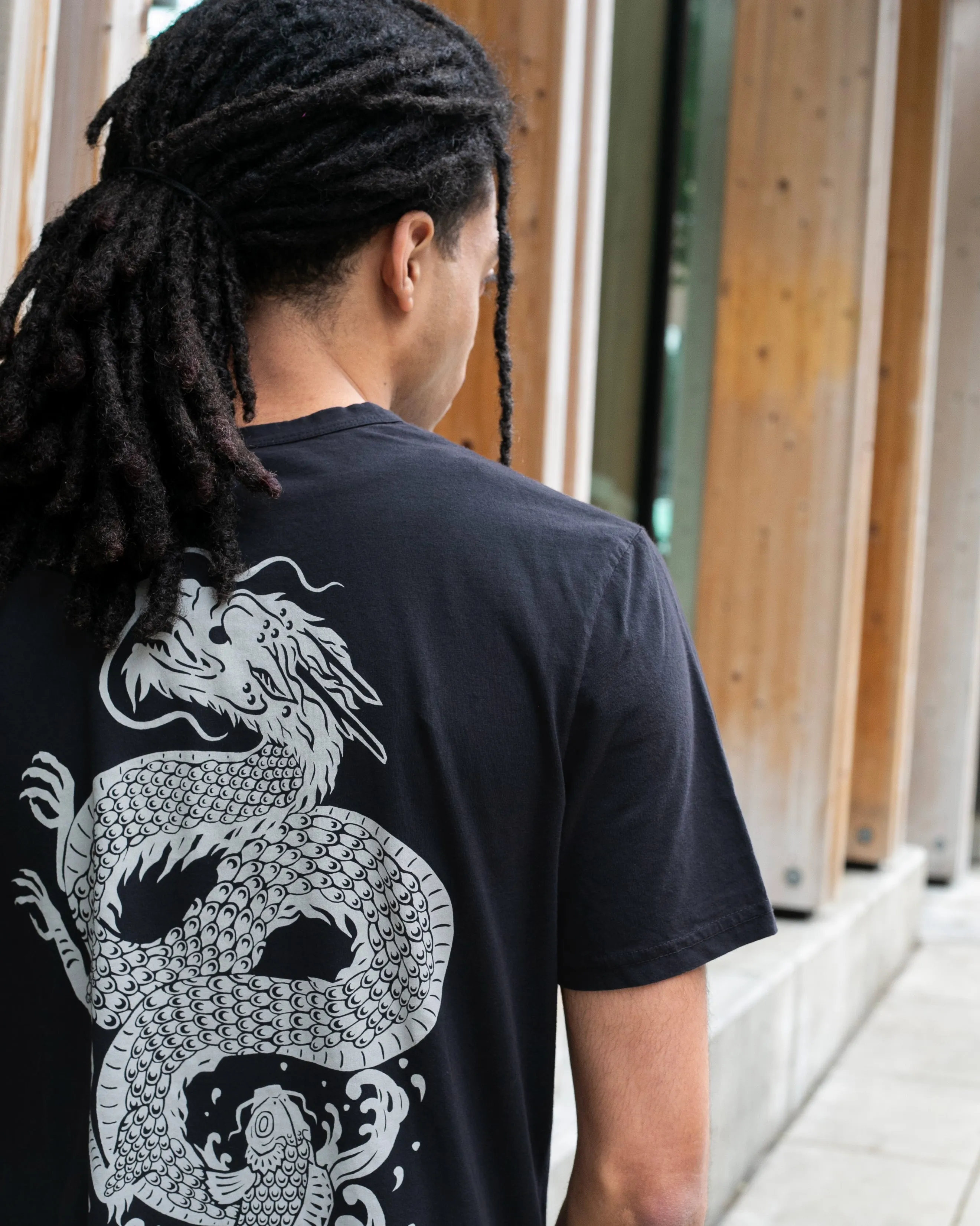 Kiriko Original Tee, 6 oz Cotton, Black with Cool Grey Koi-Dragon sold by Kiriko product image thumbnail 4