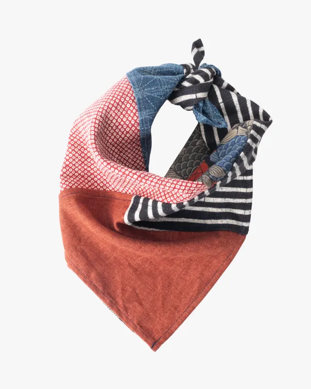 Kiriko Original Bandana, Patchwork, Bamboo Shima, Multicolor Koi with Red Shibori and Blue Dotted Asanoha sold by Kiriko