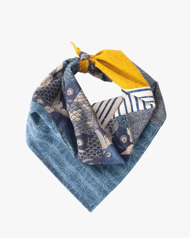Kiriko Original Bandana, Patchwork, Bamboo Shima,  Blue Koi with Dotted Seigaiha and Blue Dotted Asanoha sold by Kiriko