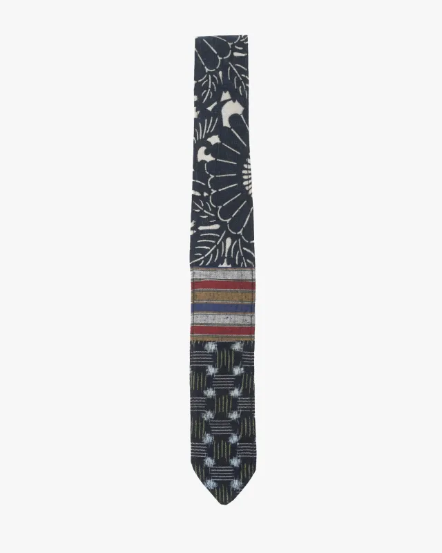 Kiriko Original Tie, Boro, Vintage Indigo Floral and Multicolor Stripes sold by Kiriko