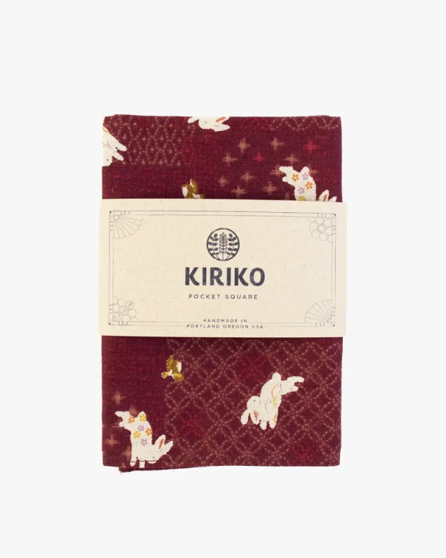 Kiriko Original Pocket Square, Burgundy with White Rabbits sold by Kiriko