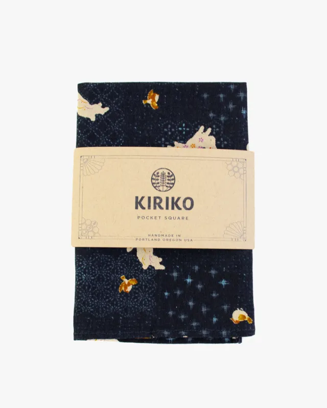 Kiriko Original Pocket Square, Indigo with White Rabbits sold by Kiriko