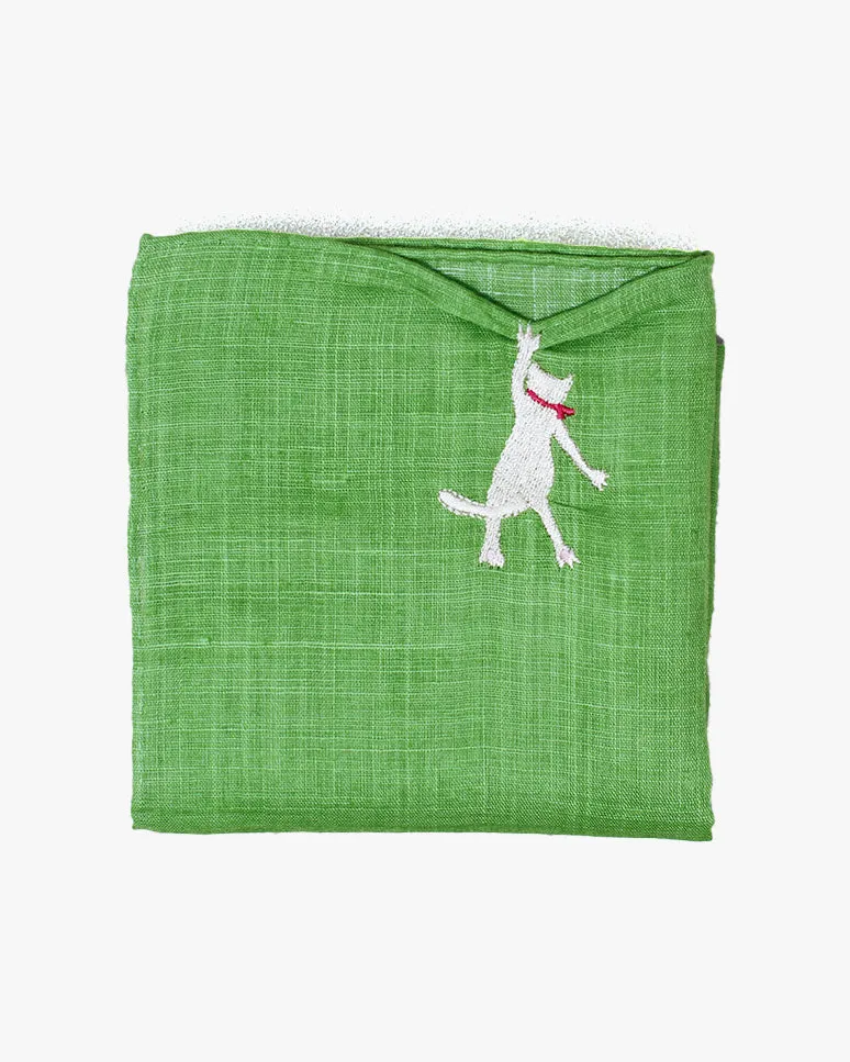 Japanese Handkerchief, Hikkomi, Green with White Cat sold by Kiriko