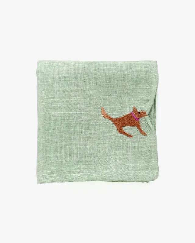 Japanese Handkerchief, Hikkomi, Green with Brown Dog sold by Kiriko