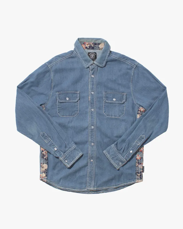 Japanese Repro Denim Shirt, Naminori Tatsujin, Floral Accents - L sold by Kiriko