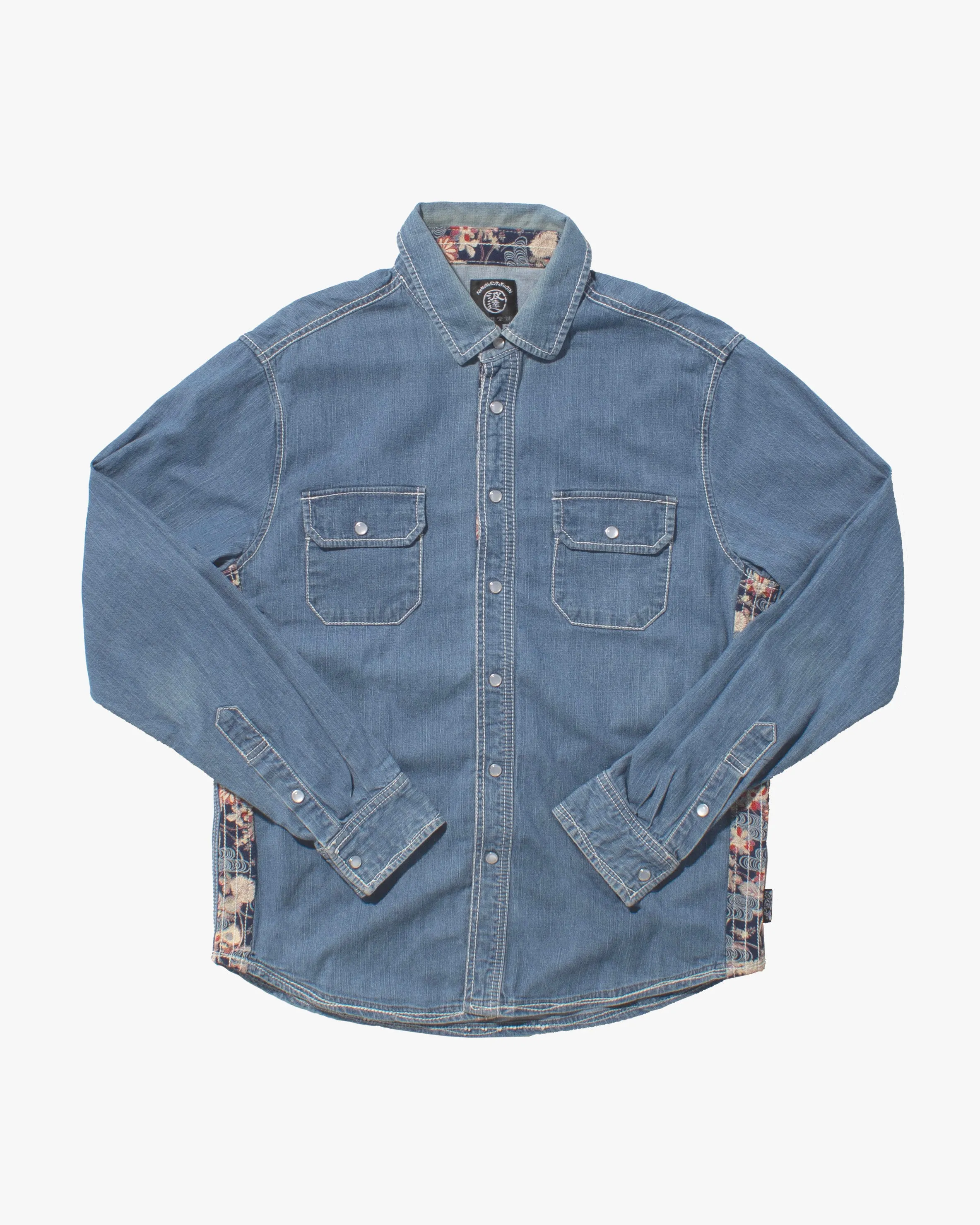Japanese Repro Denim Shirt, Naminori Tatsujin, Floral Accents - L sold by Kiriko