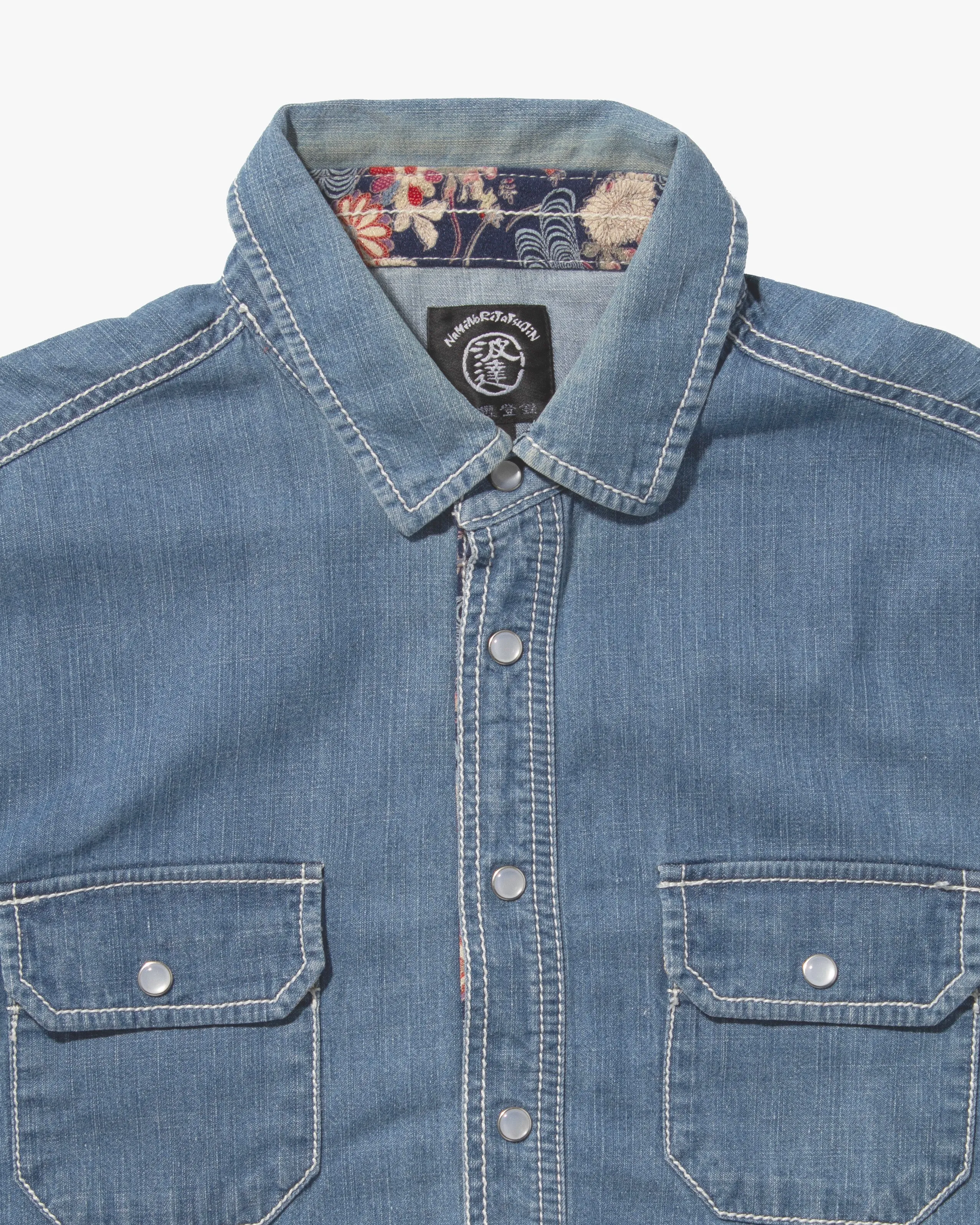 Japanese Repro Denim Shirt, Naminori Tatsujin, Floral Accents - L sold by Kiriko product image thumbnail 2