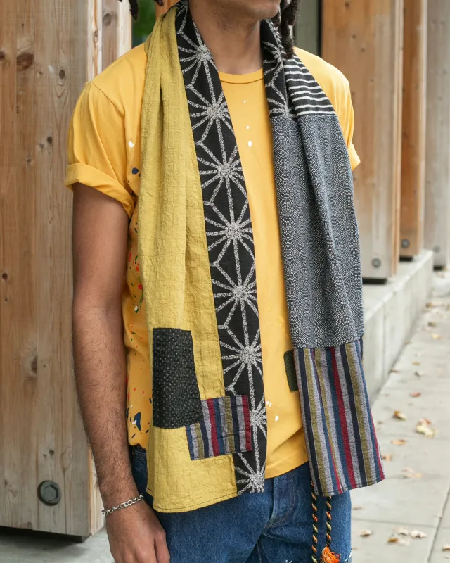 Kiriko Original Modern Patchwork Scarf, Large Black Asanoha with Shima sold by Kiriko