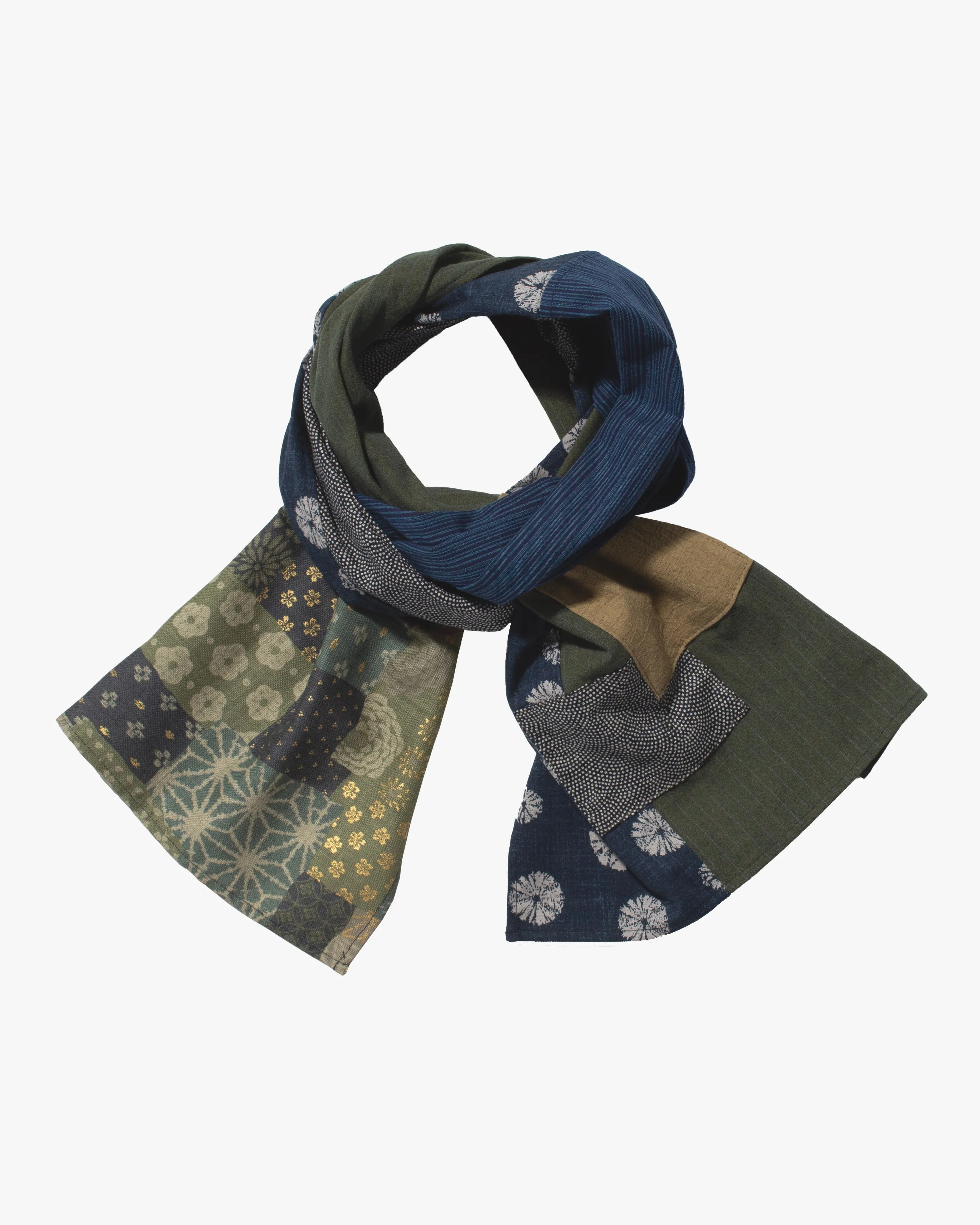 Kiriko Original Modern Patchwork Scarf, Sage and Gold with Indigo Kumo Shibori sold by Kiriko product image thumbnail 3