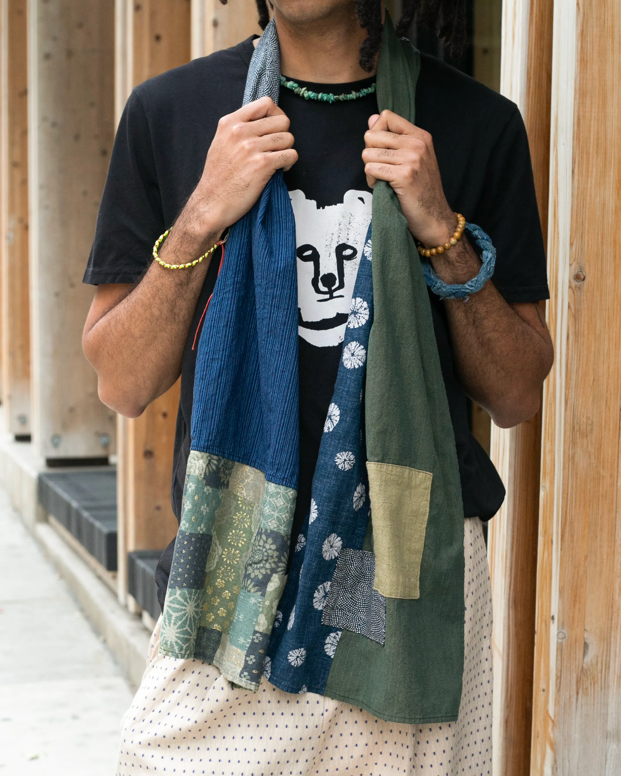 Kiriko Original Modern Patchwork Scarf, Sage and Gold with Indigo Kumo Shibori sold by Kiriko