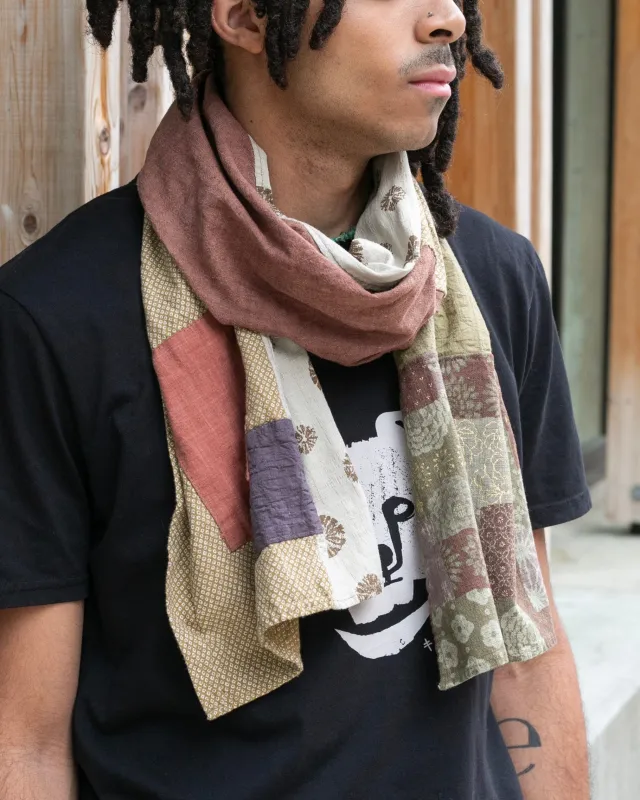 Kiriko Original Modern Patchwork Scarf, Azuki and Gold with Cream Kumo Shibori sold by Kiriko