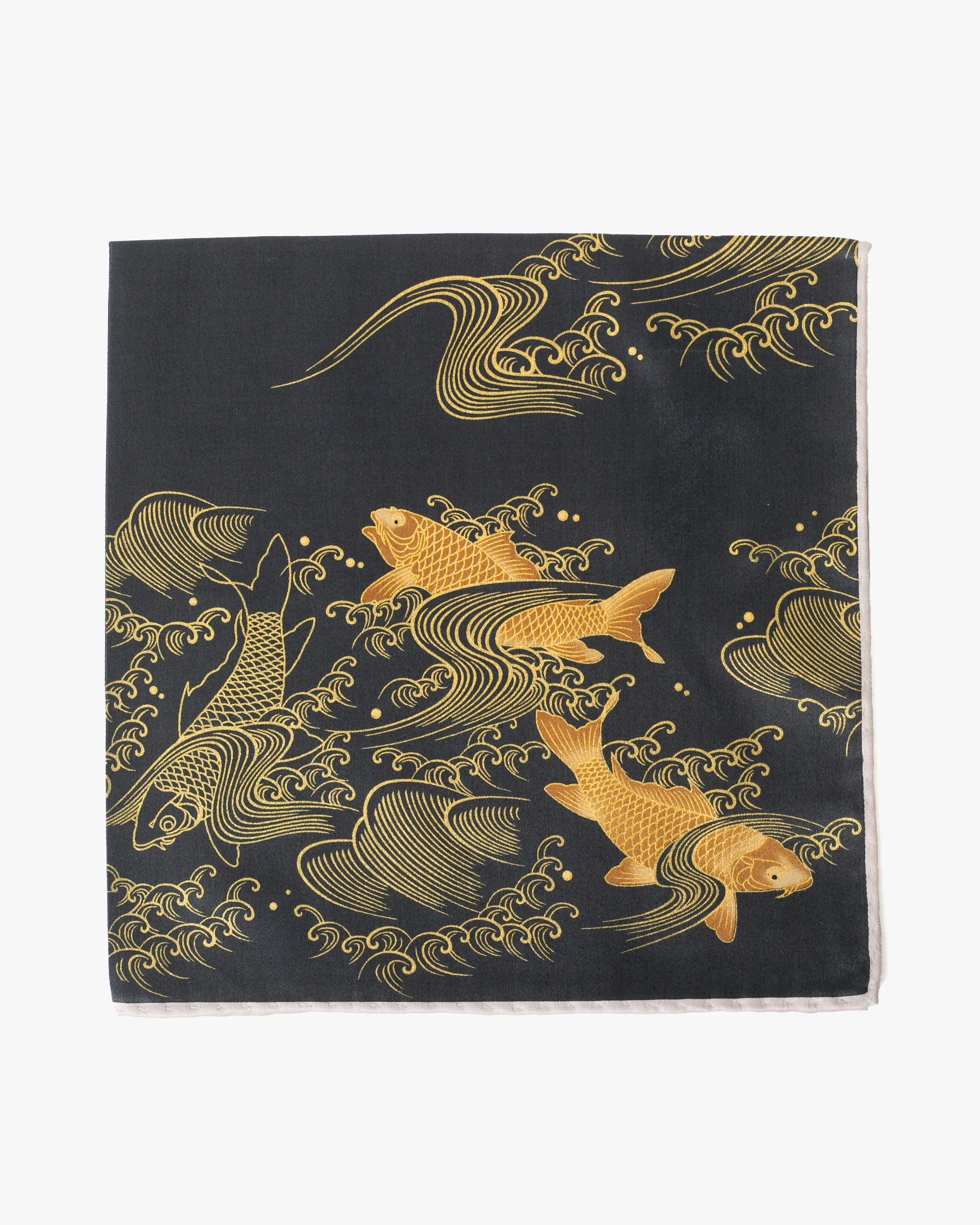 Japanese Handkerchief, Classic, Black and Gold Carp sold by Kiriko