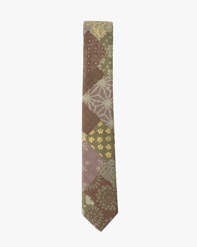 Kiriko Original Tie, Patchwork Style, Azuki and Gold sold by Kiriko