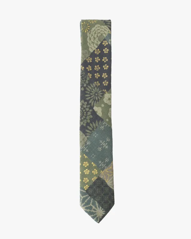 Kiriko Original Tie, Patchwork Style, Sage and Gold sold by Kiriko
