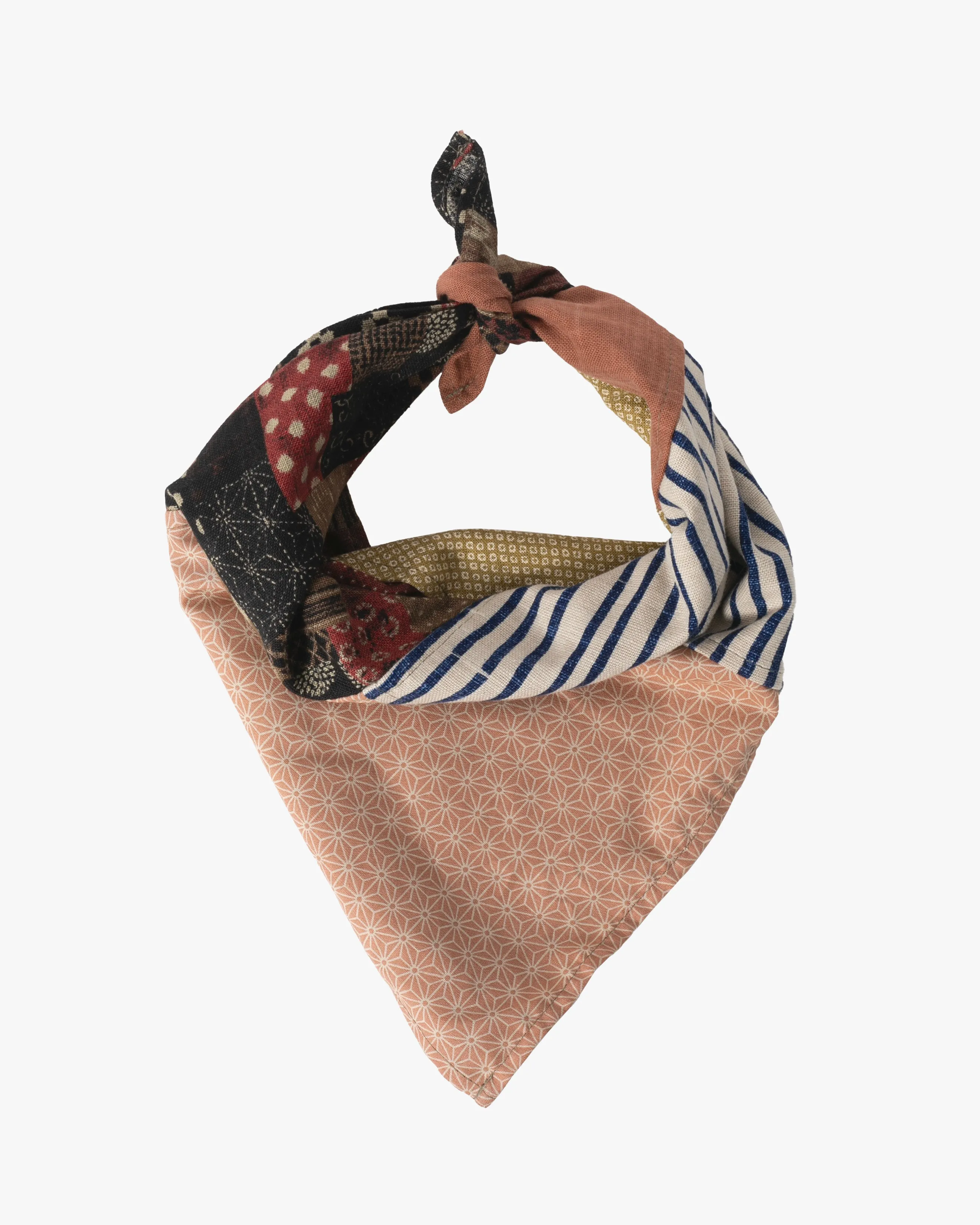 Kiriko Original Bandana, Patchwork, Bamboo Shima, Red Patchwork with Yellow Shibori and Coral Asanoha sold by Kiriko product image thumbnail 3