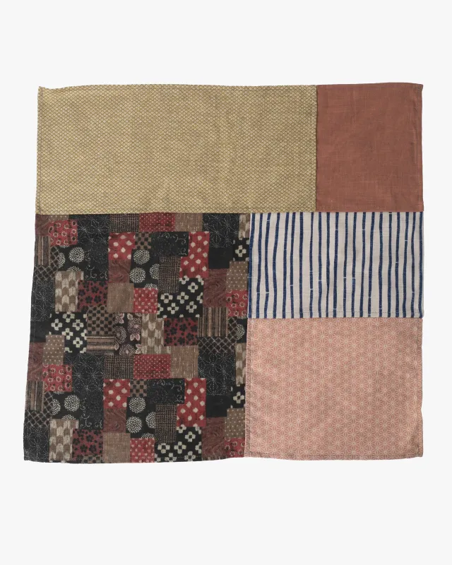 Kiriko Original Bandana, Patchwork, Bamboo Shima, Red Patchwork with Yellow Shibori and Coral Asanoha sold by Kiriko