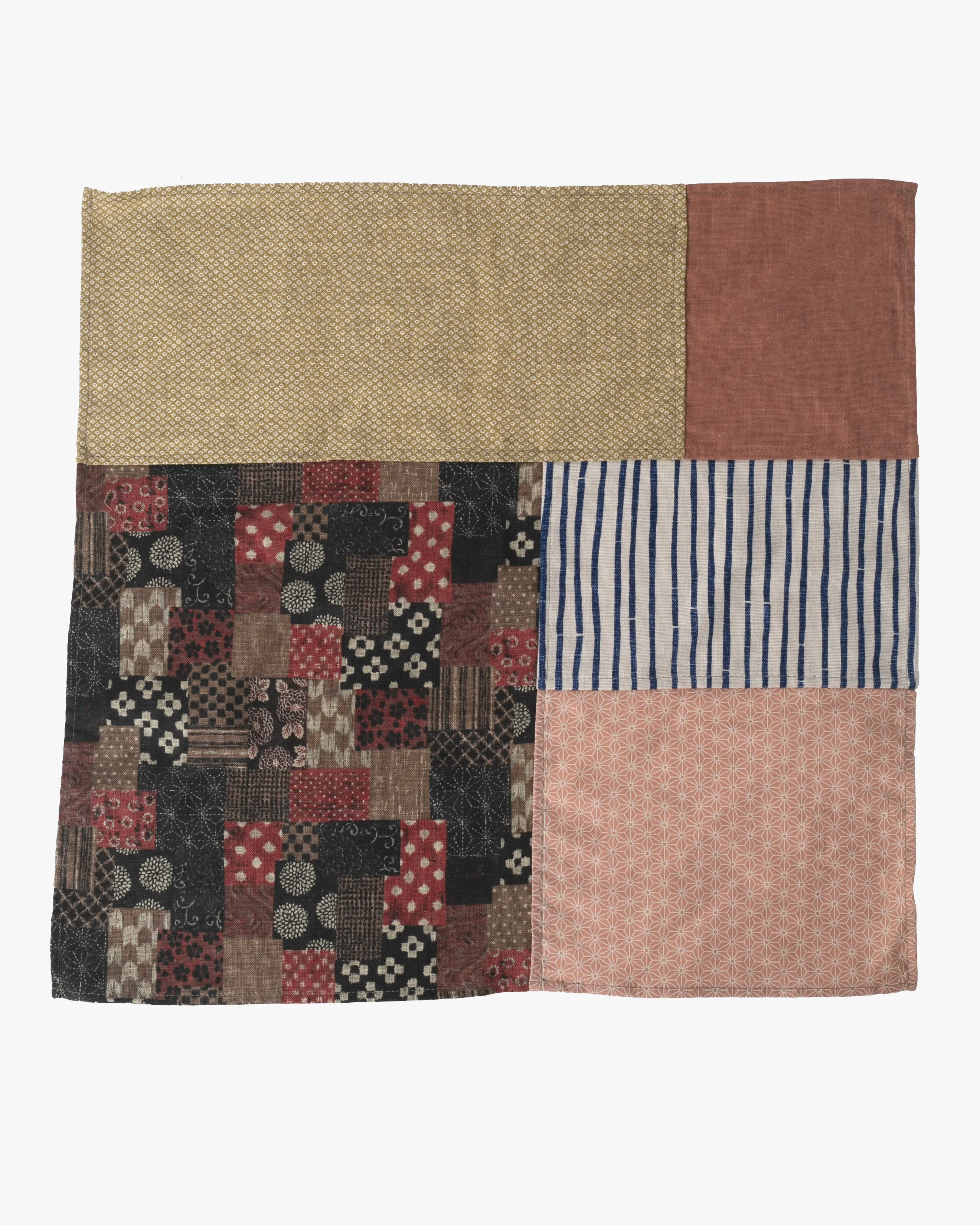 Kiriko Original Bandana, Patchwork, Bamboo Shima, Red Patchwork with Yellow Shibori and Coral Asanoha sold by Kiriko