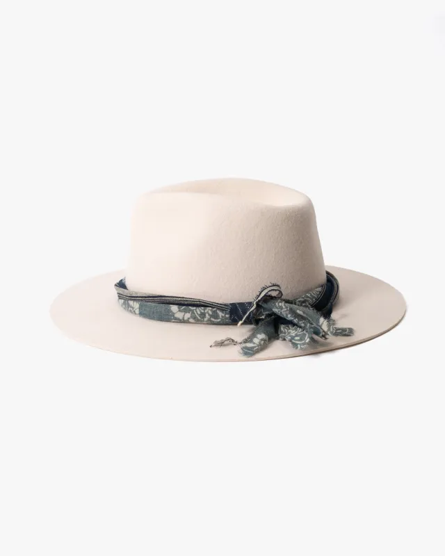 Kiriko Custom Felt Hat, White, Twisted with Vintage Washed Indigo, Brixton, Katazome and Shima sold by Kiriko