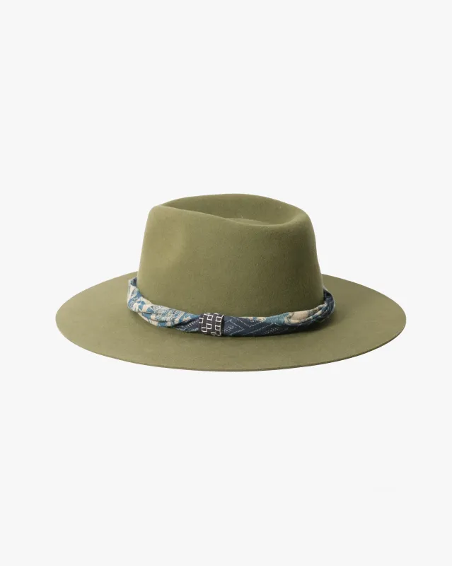 Kiriko Custom Felt Hat, Green Twisted Vintage Washed, Katazome Kiku sold by Kiriko
